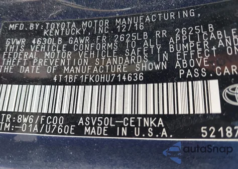 2017 Toyota Camry Le z USA, uszkodzony, nr VIN 4T1BF1FK0HU714636